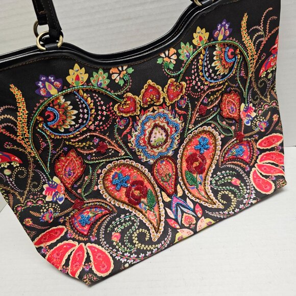 Womens Isabella Fiore Floral Flower Paisley Embroidered Beaded Tote Shoulder BAG - Picture 2 of 16